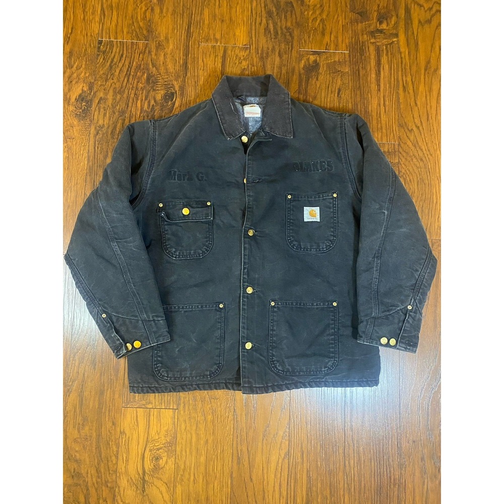 Vintage Carhartt C01 BLK Black Duck Canvas Blanket Lined Chore Coat Mens 44 USA